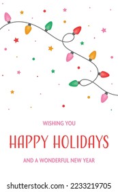 Cord of colourful Christmas lights. Greeting card with ornaments. Vector illustration