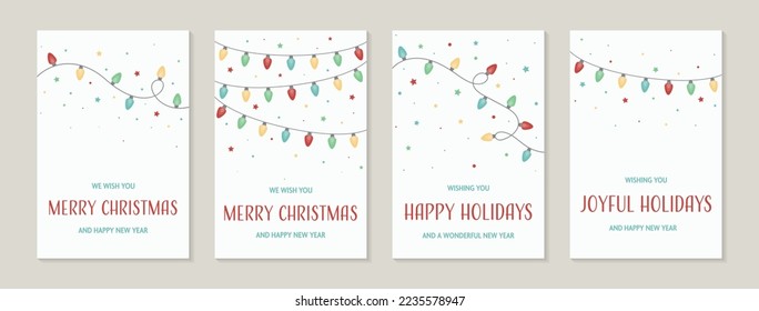 Cord of colourful Christmas lights. Set of greeting cards with ornaments. Vector illustration