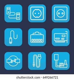 Cord icon. set of 9 outline cord icons such as plug socket, wire, phone cable, phone connection cable