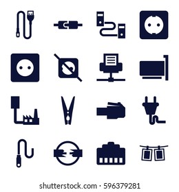 cord icons set. Set of 16 cord filled icons such as plug socket, cloth pin, wire, photos on rope, plug, phone cable, phone connection cable