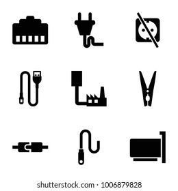 Cord icons. set of 9 editable filled cord icons such as phone cable, phone connection cable, plug in power socket, cloth pin, wire, plug