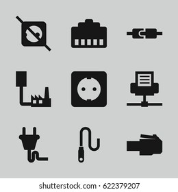 Cord icons set. set of 9 cord filled icons such as wire, plug socket, plug, phone cable