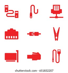 Cord icons set. set of 9 cord filled icons such as cloth pin, wire, phone cable, phone connection cable, plug in power socket