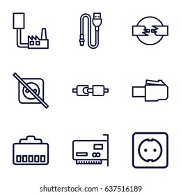 Cord icons set. set of 9 cord outline icons such as wire, plug socket, no plug, phone cable, phone connection cable, plug in power socket