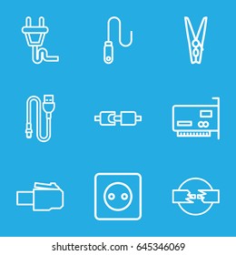 Cord icons set. set of 9 cord outline icons such as plug socket, cloth pin, wire, plug, phone cable, phone connection cable, plug in power socket