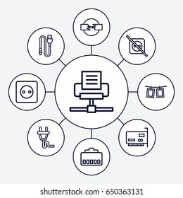 Cord icons set. set of 9 cord outline icons such as plug socket, wire, photos on rope, plug, no plug, phone cable, phone connection cable