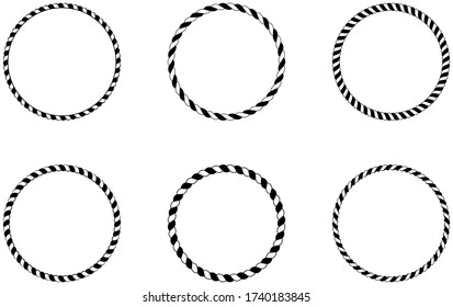 Cord or rope circle set arrangement in black and white as vector on an isolated white background.