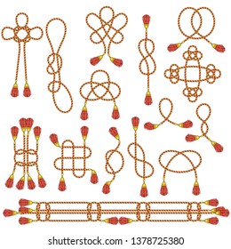 Cord with tassels tied into a woven knot. Celtic patterns, decor for clothes. Bracelet rope, cord for jewelry. Flat Vector Outline Illustration