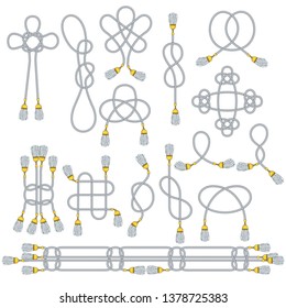 Cord with tassels tied into a woven knot. Celtic patterns, decor for clothes. Bracelet rope, cord for jewelry. Flat Vector Outline Illustration