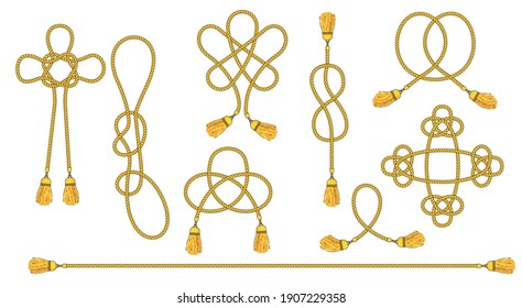 Cord with tassels tied into a woven knot. Celtic patterns, decor for clothes. Bracelet rope, cord for jewelry. Flat Vector Outline Illustratio