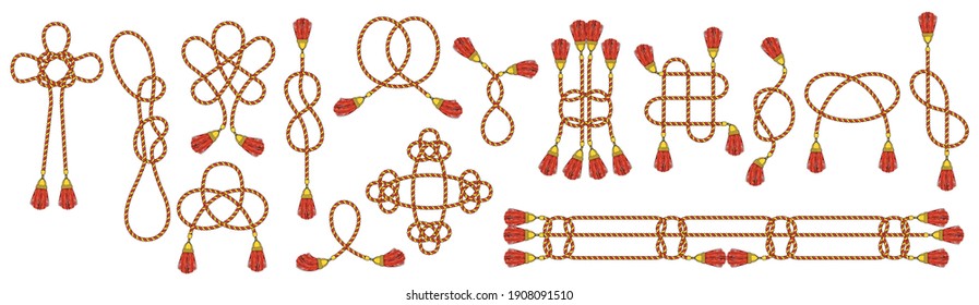 Cord with tassels tied into a woven knot. Celtic patterns, decor for clothes. Bracelet rope, cord for jewelry. Flat Vector Outline Illustratio