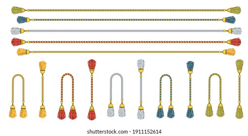 Cord with tassels tied into a woven knot. Celtic patterns, decor for clothes. Bracelet rope, cord for jewelry. Flat Vector Outline Illustratio