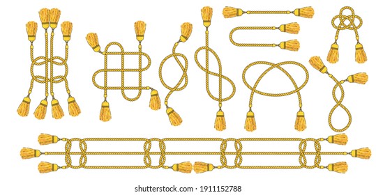 Cord with tassels tied into a woven knot. Celtic patterns, decor for clothes. Bracelet rope, cord for jewelry. Flat Vector Outline Illustratio