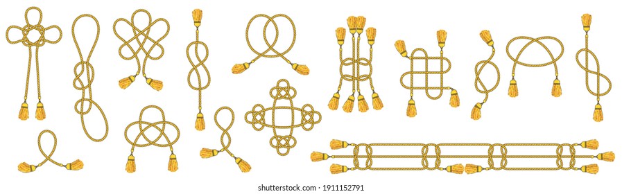 Cord with tassels tied into a woven knot. Celtic patterns, decor for clothes. Bracelet rope, cord for jewelry. Flat Vector Outline Illustratio