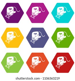 Corded jig saw icons 9 set coloful isolated on white for web