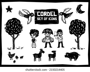 Cordel literature icons set. Accordionist, flutist and dancer.