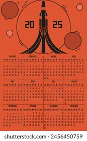 Cordel style 2025 annual New Year Calendar design. Template 2025 Wall Calender with grunge Minimalism Space Rocket with date grid. Editable stroke. Vector 