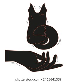 Cordel style Doodle fox in celestial hand isolated transparent background. Linocut Engraving cat vector can used t-shirt print, book, postcard, illustration, card cover design. Editable stroke. EPS10 