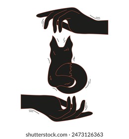 Cordel style Hand Drawn cat in Magic hand isolated transparent background. Simple Woodcut Lino black cat vector can used t-shirt print, card cover design. Editable stroke. EPS10 