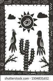 cordel style illustration of a group of birds chirping among cactus trees