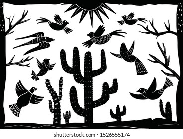 cordel style illustration of a group of birds chirping among cactus trees