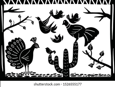 cordel style illustration of a group of birds chirping among cactus trees