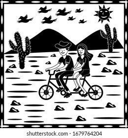 Cordel style illustration of lovers riding a bicycle in the cactus desert