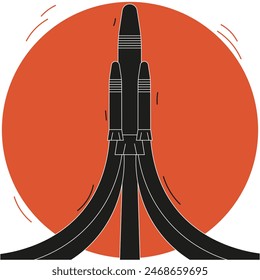 Cordel style Rocket Launch and accent color sun isolated white background. Woodcut Retro Grunge vector can used t-shirt print, poster, postcard banner cover design. Linocut art design. Editable stroke