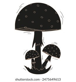 Cordel style Toadstool family isolated transparent background. Trendy Woodcut Hand Drawn Mushroom on white. Linocut vector design can used t-shirt print, card cover. Editable stroke