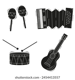 Cordel Woodcut style illustration with Set of Musical Instruments typical of northeastern Brazil. Artistic vector aesthetic in trend Hand Drawn Doodle style can used Music design. Editable stroke