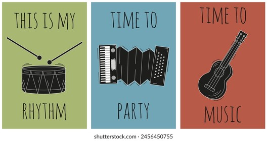 Cordel Woodcut style Posters set with Musical Instruments typical of northeastern Brazil. Artistic vector in modern Hand Drawn Doodle style can used music festive banner flyer Poster. Editable stroke