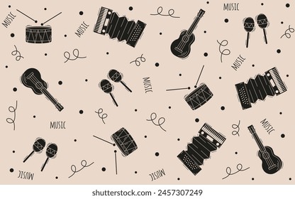 Cordel Woodcut style seamless pattern with Set of Musical Instruments typical of northeastern Brazil. Artistic Doodle vector in trend Hand Drawn style can used Wall textiel Print. Editable stroke