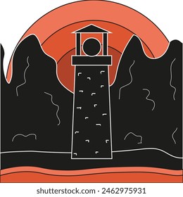 Cordel Woodcut style Summer art with lighthouse on the sea beach isolated transparent background. Retro Grunge Hand Drawn vector illustration can used Travel design, card cover and t-shirt print 