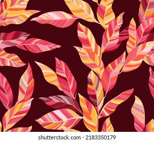 Cordelia leaves floral vector seamless pattern. Striped texture colorful bush foliage. Fabric print with aglaonema twigs. Summer endless pattern with tropical leaves. Wallpaper cute design