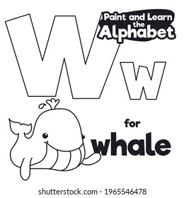 Cordial whale saluting at you with letter W majuscule and minuscule ready to be colored, for didactic alphabet learning.