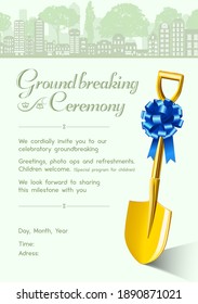 Cordially Invitation For Groundbreaking Ceremony With Golden Shovel And Blue Ribbon Bow Vector Illustration