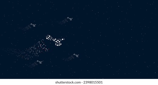 Un símbolo de ángulo infinito con puntos vuela a través de las estrellas dejando un rastro detrás. Hay cuatro pequeños símbolos alrededor. Ilustración vectorial sobre fondo azul oscuro con estrellas