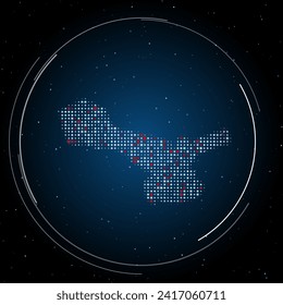 The cordless angle grinder symbol filled with white dots. Pointillism style. Some dots is red. Vector illustration on blue background with stars