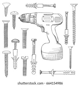 Cordless Drill and different screws. Tools illustration in vector sketch style.
