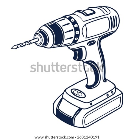 A cordless drill is displayed, with a battery pack. It is an electric tool for construction and repair. It is isolated on a white background, with a clear outline.