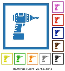 Iconos de color plano de taladro sin cursilación en marcos cuadrados sobre fondo blanco