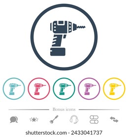 Cordless drill flat color icons in round outlines. 6 bonus icons included.