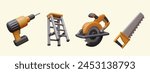 Cordless drill, folding metal ladder, circular saw, hand saw. Set of isolated vector tools