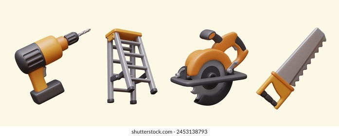 Cordless drill, folding metal ladder, circular saw, hand saw. Set of isolated vector tools