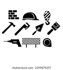 taladro inalámbrico, sierra de mano, espátula, paviColección de iconos de la herramienta de construcción - ilustración vectorial.Juego de iconos de vectores negro sólido - vector de rodillos de pintura, clave de reparación, vástago de seguridad, traviesa de construcción, herramientas pequeñas, 