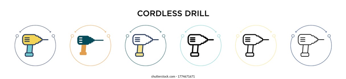 Cordless drill icon in filled, thin line, outline and stroke style. Vector illustration of two colored and black cordless drill vector icons designs can be used for mobile, ui, web