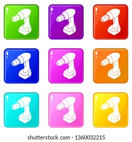 Cordless drill icons set 9 color collection isolated on white for any design