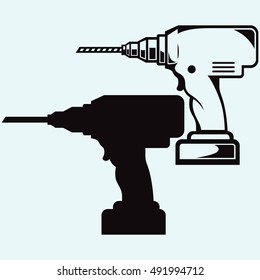 Cordless drill. Isolated on blue background. Vector silhouettes
