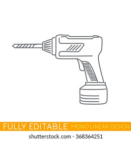 Cordless drill. Modern thin line logo template. Fully editable curves. Mono linear pictogram of outline symbol. Stroke vector icon concept.
