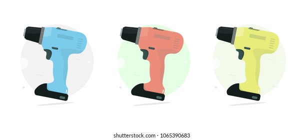 Cordless drill. Set color. Power tool. Cartoon style. Vector illustration. 